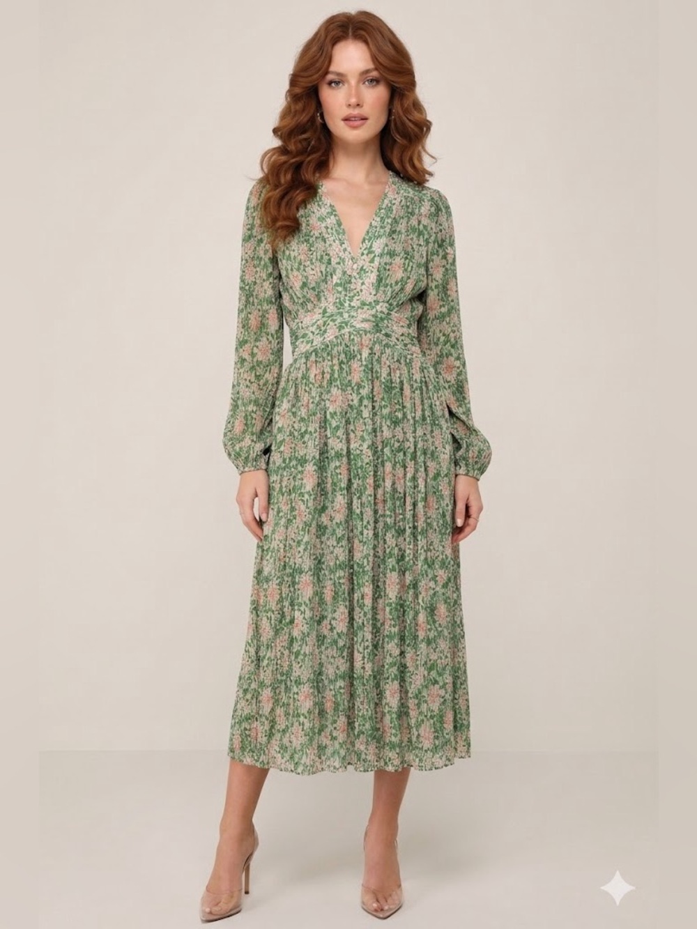 Green Floral V-neck Long Puff Sleeve Pintucked Midi Dress Pleated Wedding Garden - Picture 2 of 11